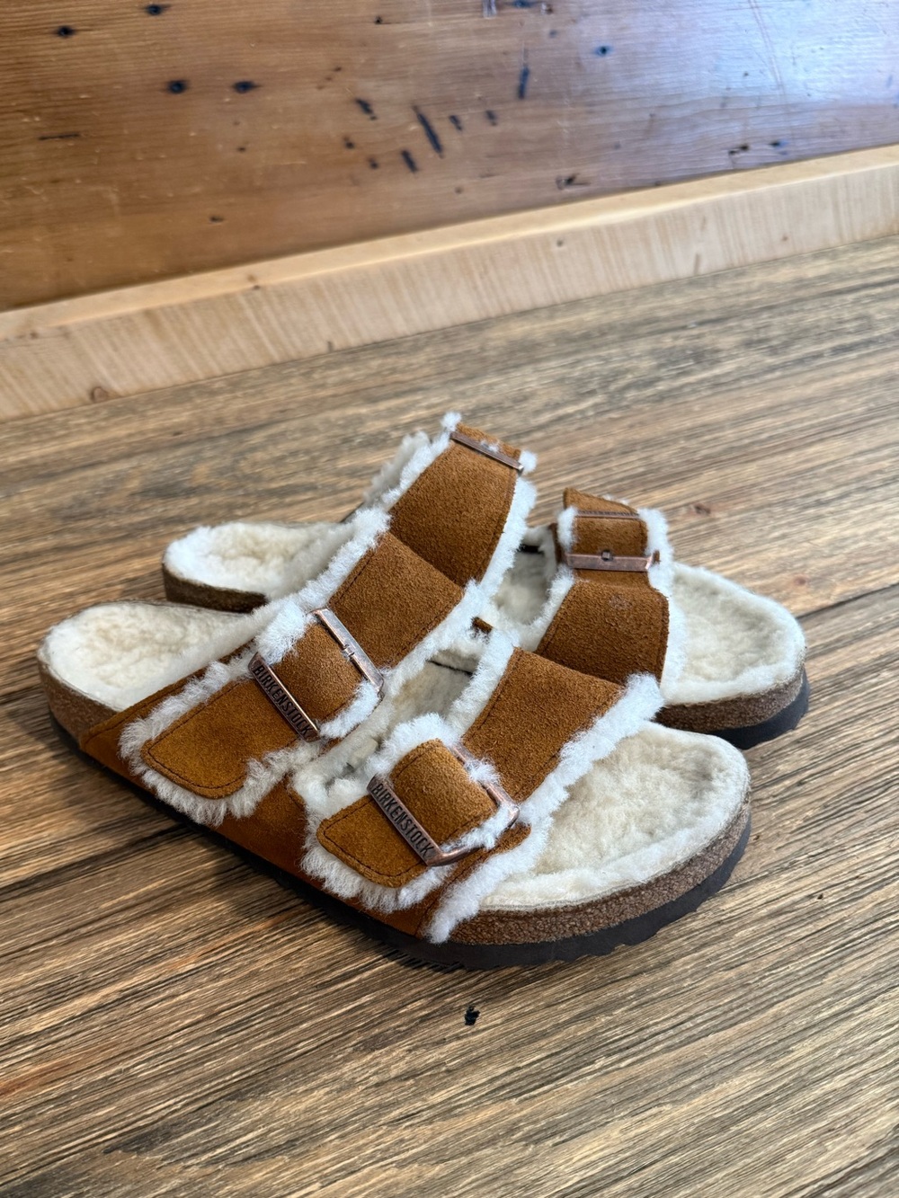 Birkenstock Shearling-Lined Double Buckle Suede Slide Sandals